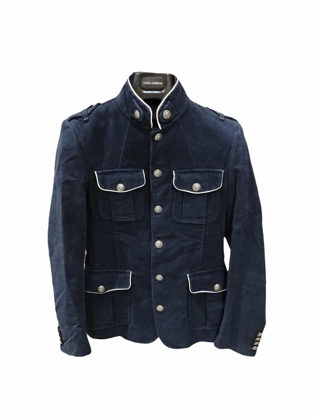 Dolce & Gabbana Navy Suede Military Jacket with White Piping